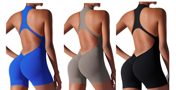 A black yoga romper with a zip-up design, sleeveless, and with shorts.