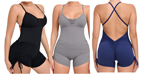 A navy blue yoga romper with adjustable straps and drawstrings at the waist, featuring a scoop neck and cap sleeves.
