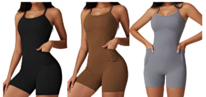 A gray yoga romper fit with a pocket on the side, worn by a model.